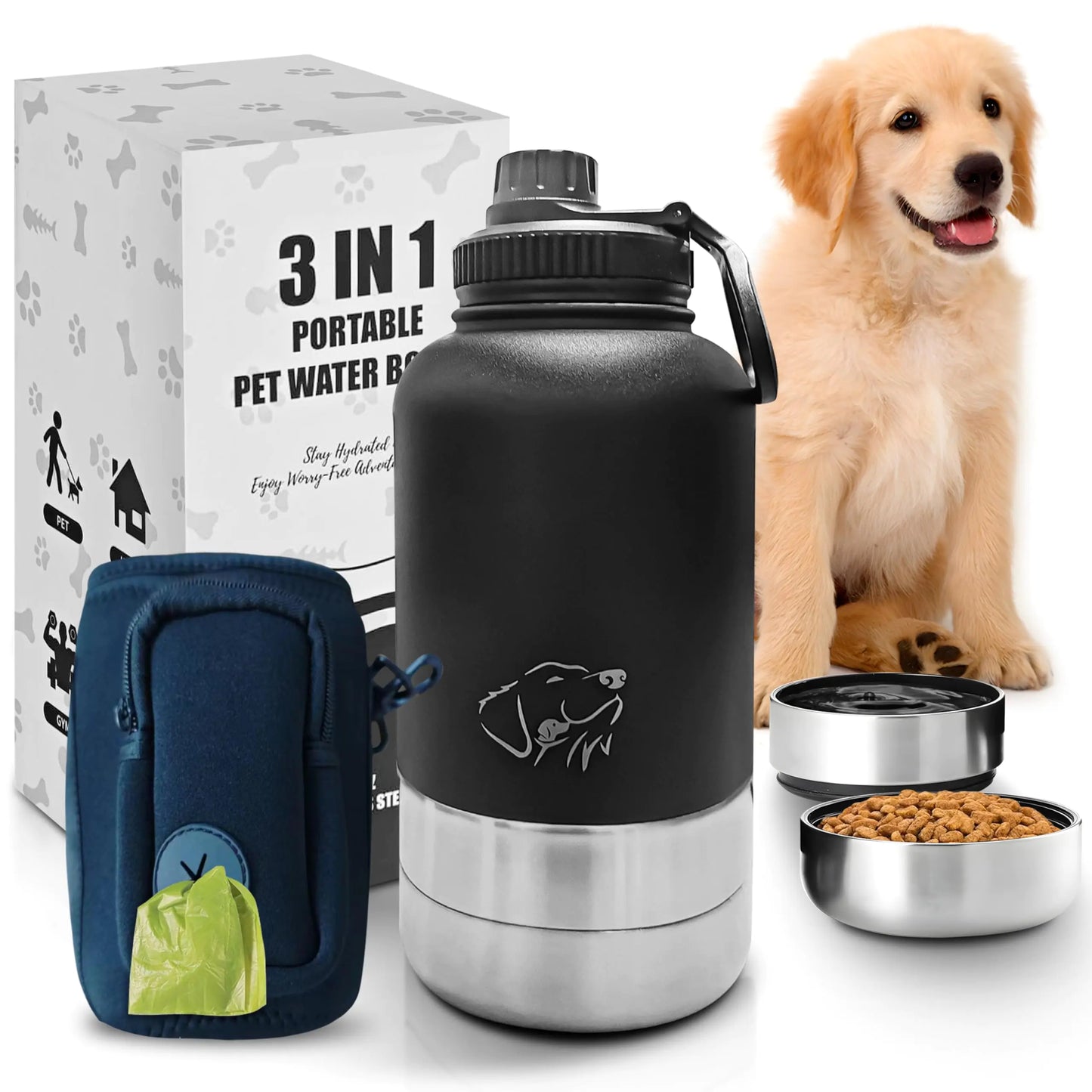 Stainless Steel Insulated Dog Water Bottle Portable | Dog Travel Water Bottle Dog Portable Water Bottle Double Wall - 2 Bowls + Carrying Case with Strap & Pouch 32 oz.